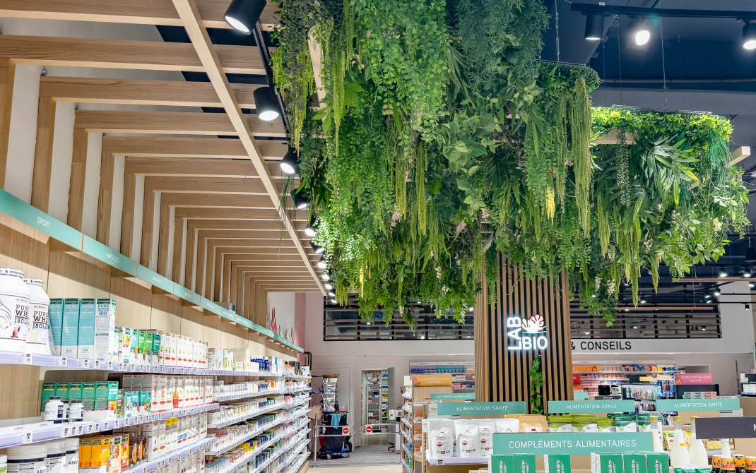 Elément décoratif pharmacie canopée végétale 